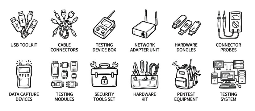 Hand-drawn set of information technology icons featuring cybersecurity tools, network hardware, pentest equipment, and electronic testing devices in a simple black and white sketch illustration