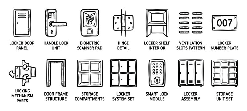 Hand-drawn locker and storage unit components icon set showing various parts like doors, smart locks, hinges, and biometric scanners in a black and white doodle style illustration