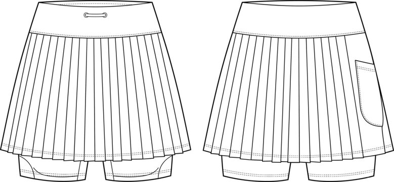 Fashion technical sketch of a pleated athletic skort with an elastic waistband, shorts lining, and pocket detail