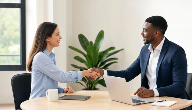 Two professionals shake hands across a desk in a bright office setting. They smile and appear to conclude a meeting with a laptop and documents on the table.