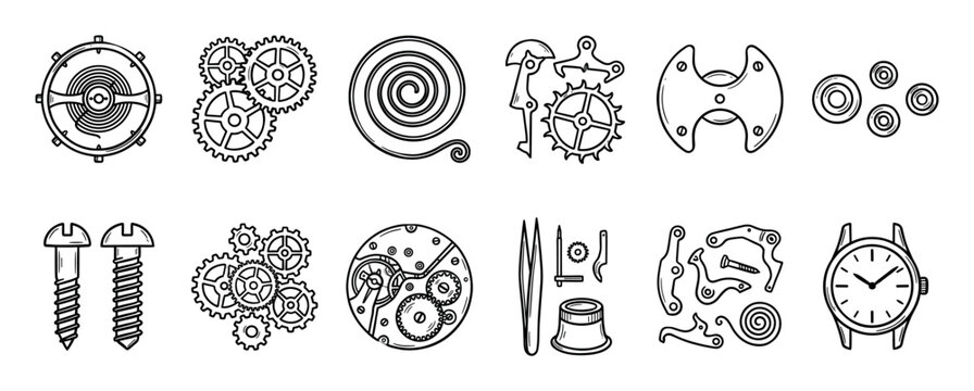 Set of watch parts and repair tools in a hand-drawn line art style, featuring gears, screws, a mainspring, and a complete wristwatch for a horology or mechanics concept