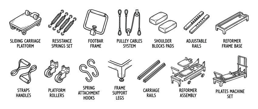 Set of hand-drawn Pilates reformer machine parts showing components like the carriage, springs, and footbar for assembly instructions in a sketch doodle style illustration