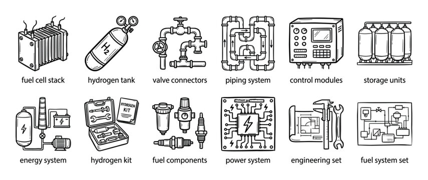 Collection of hand-drawn hydrogen energy icons showing a fuel cell stack, tank, piping system, and engineering schematics in a black and white doodle style for green power concepts