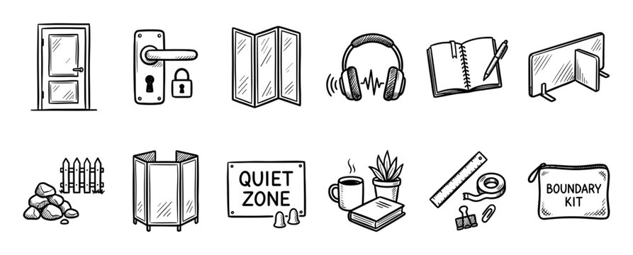 Set of hand-drawn doodle icons representing personal boundaries, privacy, and creating a quiet zone, featuring a locked door, headphones, and a boundary kit sketch