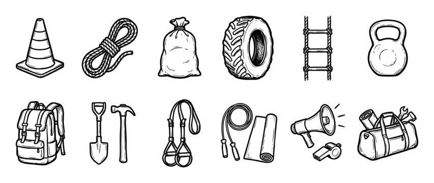 Hand-drawn black and white fitness icons featuring bootcamp and cross-training equipment like a kettlebell, tire, rope, and sandbag for intense athletic workout and conditioning