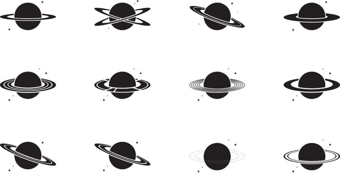 Set of twelve saturn planet with rings in various styles and angles space