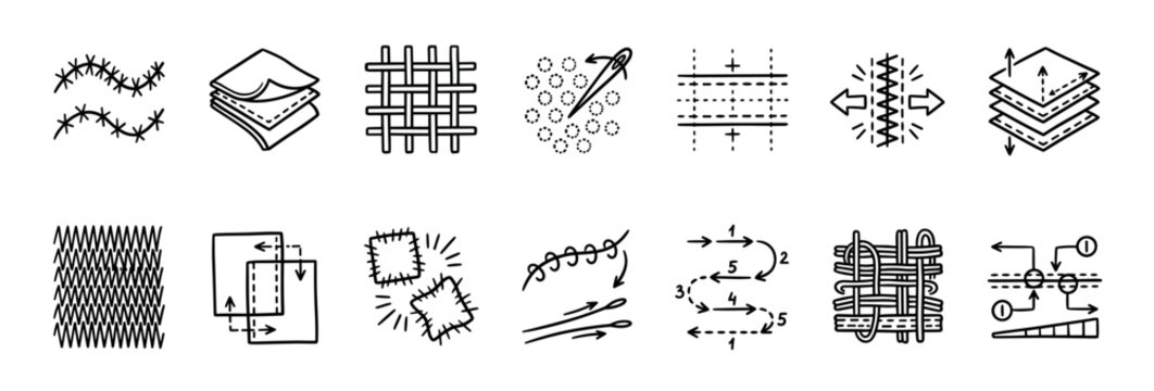 Textile property and sewing instruction icon set with hand-drawn symbols for fabric layers, weave, stitch types, elasticity, and technical diagrams in a minimal outline style