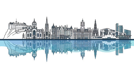 Fototapeta premium Edinburgh Skyline Silhouette Reflection, Scotland Landmark Architecture Drawing