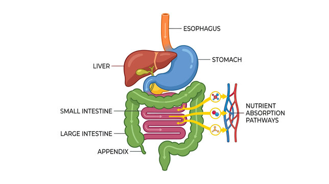 Human Digestive System Anatomy Diagram: Stomach, Intestines, Liver, Esophagus