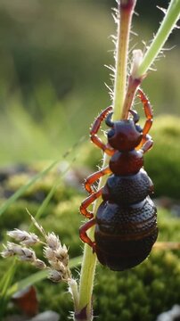 Vertical video: Climbing dark brown arthropod gripping hairy stem in moss, probing nearby seed head