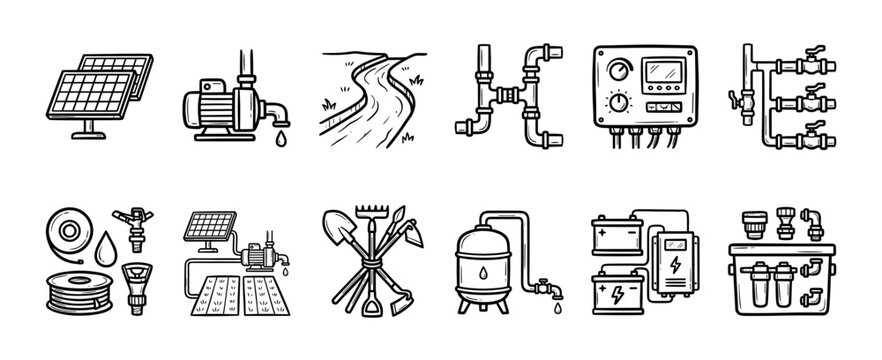 Hand-drawn solar powered irrigation system icons set showing various components like pumps, panels, pipes, and farming tools in a doodle sketch style