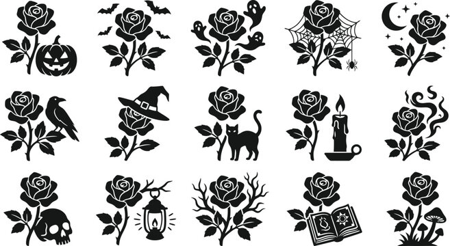 Spooky halloween vector bundle black floral designs with roses skulls witch hats more for fall projects