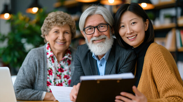 Nonprofit coordinator reviewing volunteer impact report with retired couple seated at nonprofit office table, aging volunteering psychological benefit, elder civic engagement program, retirement pur