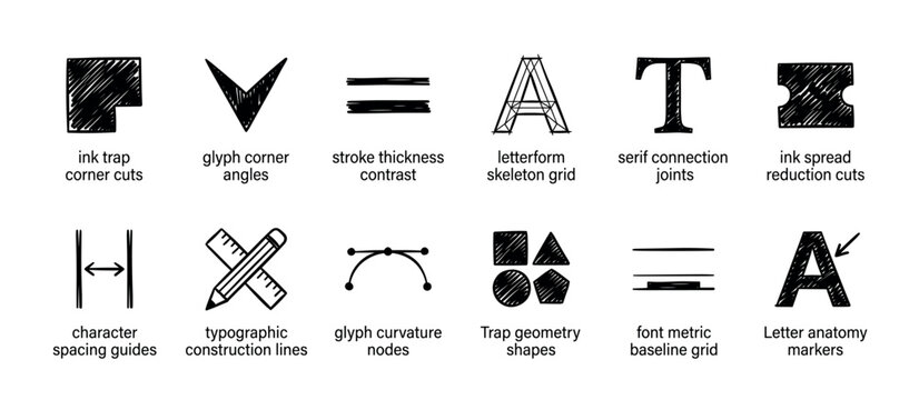 Set of hand-drawn typography icons showing various font design elements like ink traps, glyphs, serifs, and letterform anatomy in a sketchy, black and white doodle style