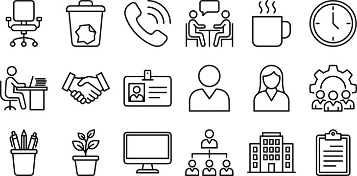 Corporate business office management and human resources outline icon set featuring desk workspace handshake team hierarchy and employee badges