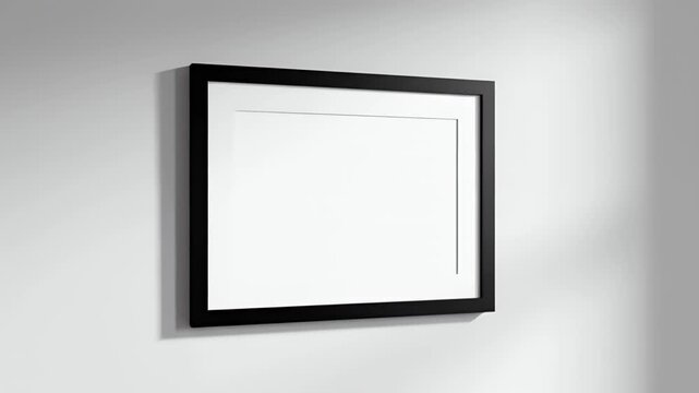 Blank black picture frame on gray wall.