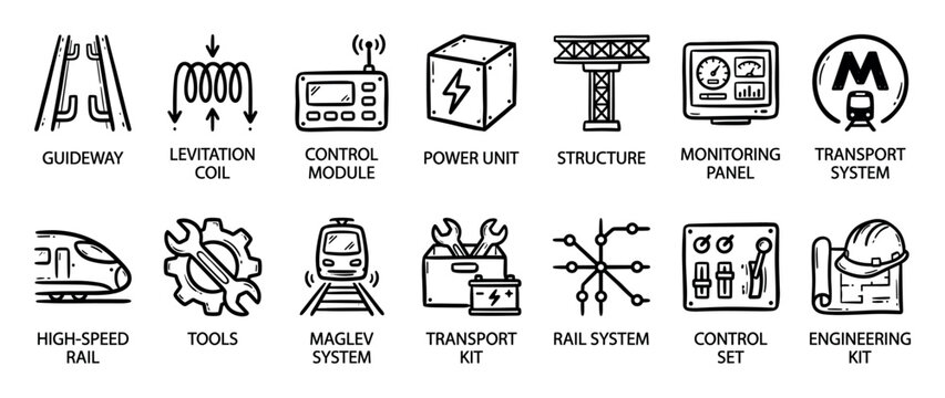 Hand-drawn icon set of maglev train technology illustrates high-speed rail engineering with doodle-style symbols for guideway, levitation coil, and control systems