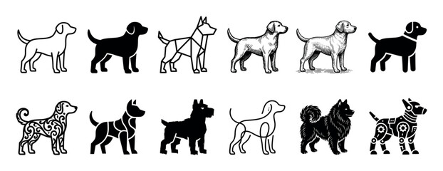 Fototapeta premium Diverse collection of dog illustrations in various artistic styles including simple line art, silhouette, geometric, engraved, ornate, and robotic for logo or icon design concepts