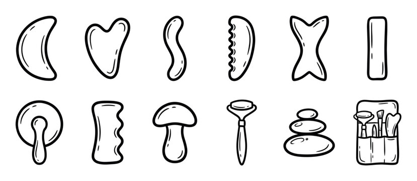 Gua Sha scraper and facial roller tool collection in a black and white line art illustration style, featuring various massagers and spa elements for self-care and skincare routines