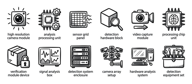 Set of twelve hand-drawn icons representing detection and analysis hardware, including cameras, processing chips, sensors, and computer systems in a black and white sketch style