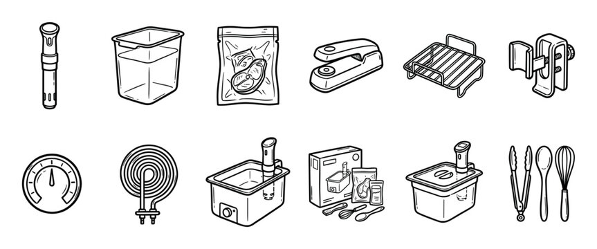 Set of sous vide cooking equipment icons in a hand-drawn line art style, featuring an immersion circulator, water bath, vacuum sealed bag, thermometer, and various kitchen tools