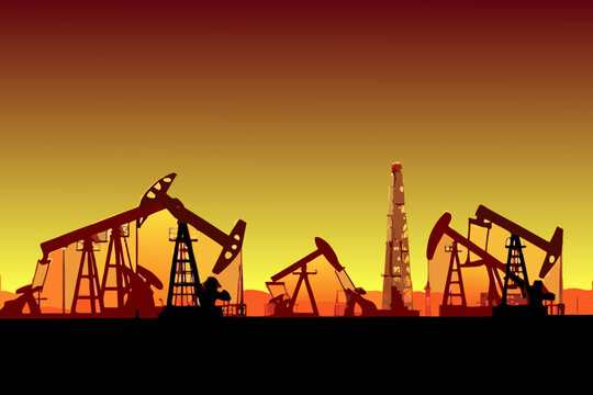 Oil pump silhouettes against a gradient orange and red sunset sky