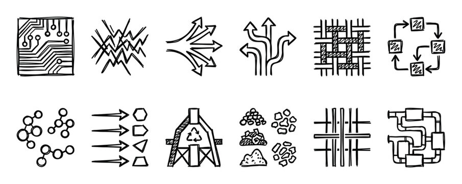 Set of twelve hand-drawn doodle icons showing various business and technology concepts like flowcharts, circuits, recycling, and complex systems in a minimal black line art style