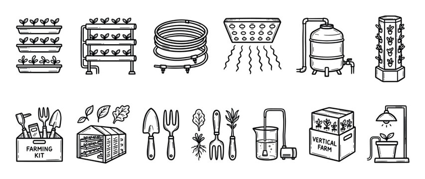 Black and white doodle icon set of hydroponic systems and vertical farming equipment, featuring grow lights, nutrient tanks, irrigation, and tools for modern indoor agriculture