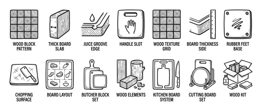 Hand-drawn cutting board icon set showing various features like wood patterns, juice grooves, and kitchen accessories in a detailed black and white sketch style for infographics