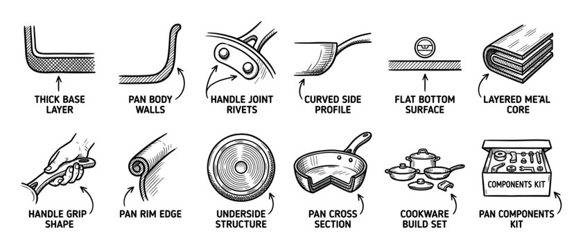 Hand drawn cookware construction features illustration set showing pan components, cross section, layered metal core, and handle grip shape in a technical sketch style