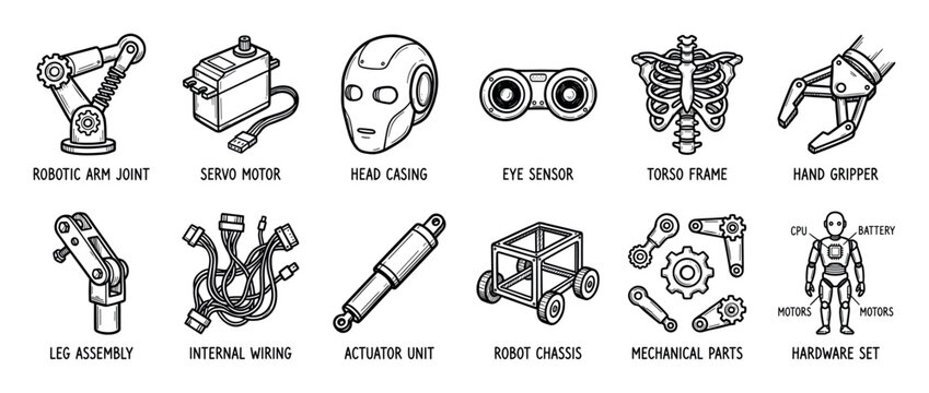 Hand-drawn set of robot components and mechanical parts for engineering, featuring a servo motor, head casing, chassis, and arm joint in a black and white doodle illustration style