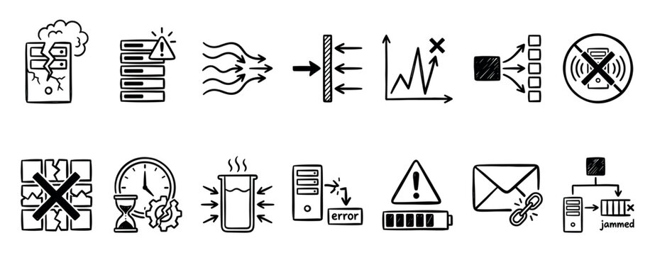 Set of hand-drawn doodle icons representing system errors, server failure, network bottleneck, data overload, and computer crash concepts in a simple black and white sketch style