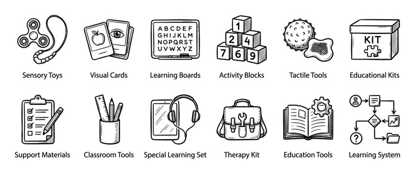 Collection of hand-drawn icons representing special education tools and learning aids for children with developmental needs, including sensory toys, visual cards, and therapy kits