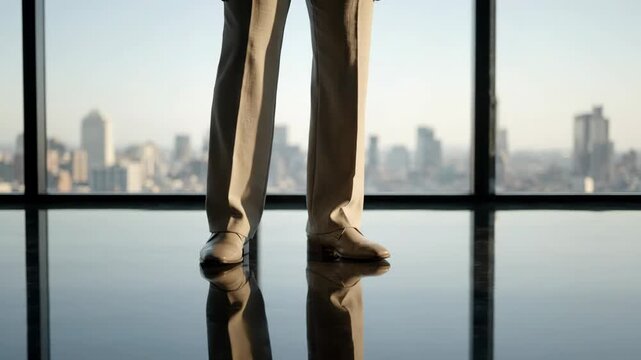 Close up of a person walking in formal attire on a reflective office floor with city skyline