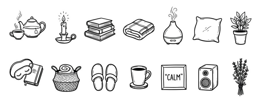 Set of hand-drawn doodle icons representing cozy home comfort, relaxation, and self-care with a teapot, candle, books, and diffuser in a simple black and white sketch style