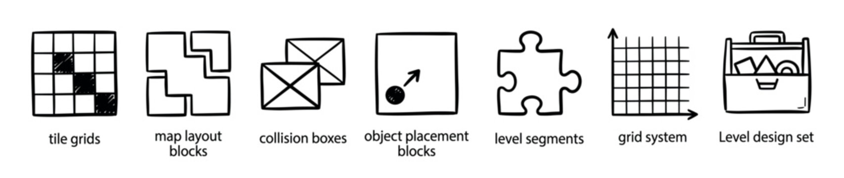 Hand-drawn game level design icon set featuring tile grids, map layout blocks, collision boxes, and a toolbox, sketched in a simple monochrome doodle style for gamedev concepts