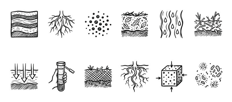Set of hand-drawn soil science icons showing ground layers, plant roots, water infiltration, compaction, and microorganisms in a black and white sketch style