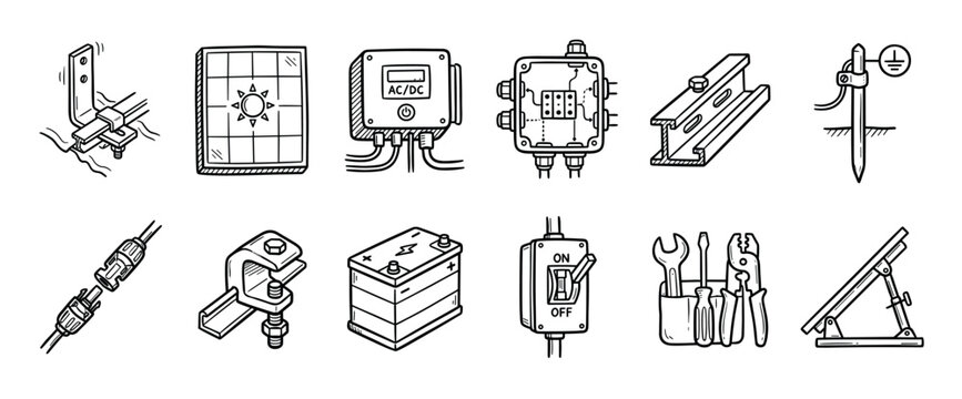 Set of solar panel installation equipment icons showing a battery, inverter, mounting hardware, and tools in a hand-drawn black and white doodle style illustration collection