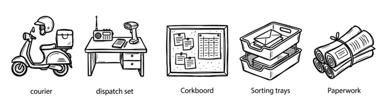 Collection of five black line art icons for delivery service and office logistics, featuring a courier scooter, dispatch desk, corkboard, sorting trays, and rolled paperwork