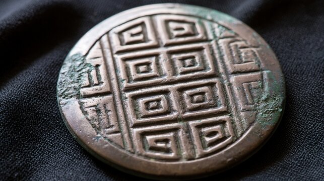 topdown. An ancient bronze disc with engraved geometric patterns and green oxidation on dark fabric. event programs, museum guides, designed for cultural heritage projects and event programs.