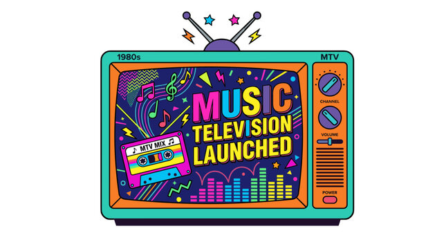 Retro MTV, music television, colorful vintage TV, launched logo