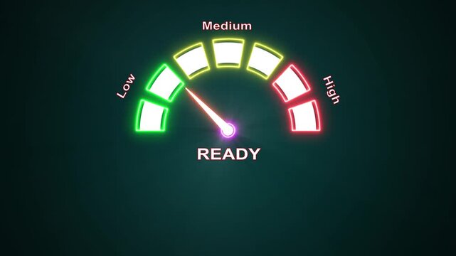 Neon ready meter indicating different levels from low to high on dark background.