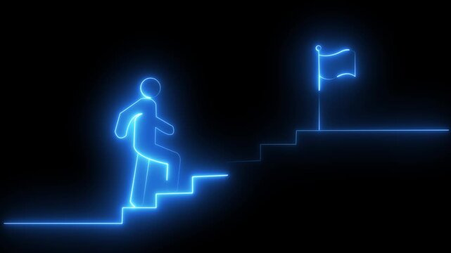 Animated neon icon of a running man with a flag climbing upward arrows. Represents business progress, goal achievement, and a journey to success. Success Path Concept, Video, Neon Goal Achievement,