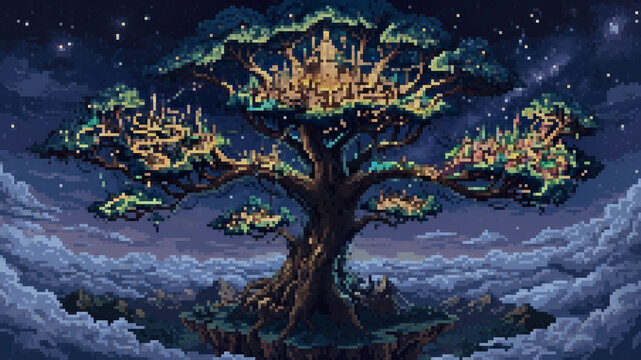 Fantasy city built in a giant world tree floating above clouds at night, pixel art illustration
