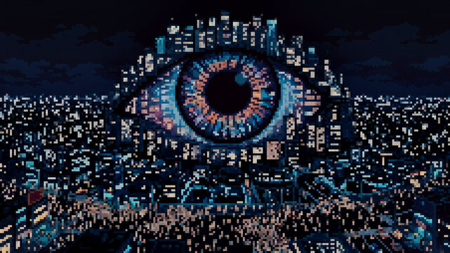 Surreal giant eye formed by city skyline, night metropolis surveillance concept, pixel art illustration