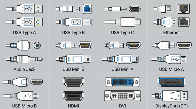Computer and electronic connectors guide vector illustration, detailed chart featuring USB types, HDMI, DisplayPort, Ethernet, and audio jacks, hardware compatibility and data transfer reference conce