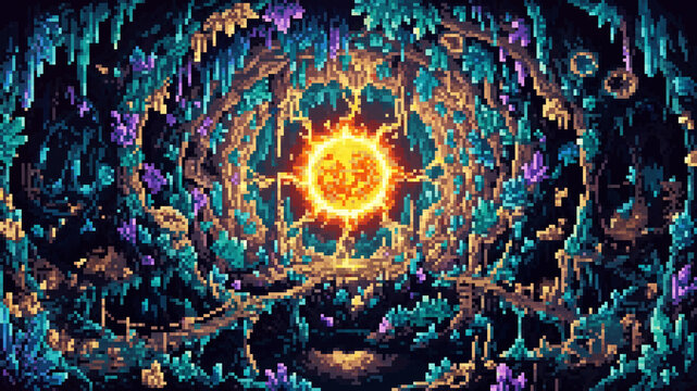 Mysterious glowing energy core inside a mystical crystal cavern, pixel art illustration