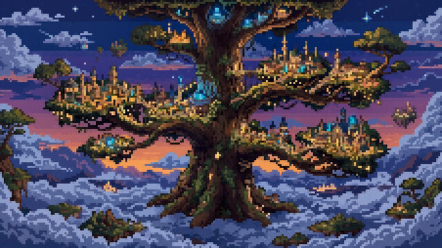 Fantasy city built in a giant tree above the clouds, pixel art illustration