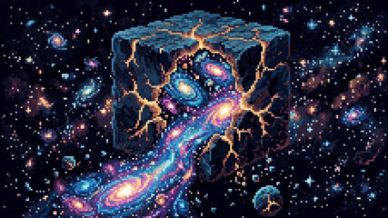 Surreal pixel art illustration of a glowing galaxy nebula flowing from a floating cracked cube in space © Pyxzel