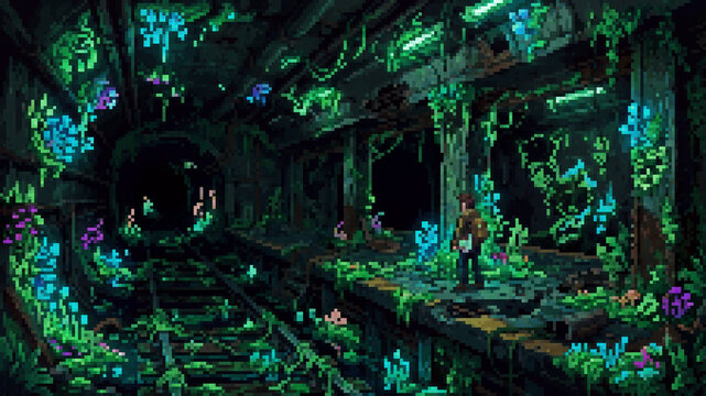 Abandoned metro tunnel with bioluminescent plants and traveler, pixel art illustration